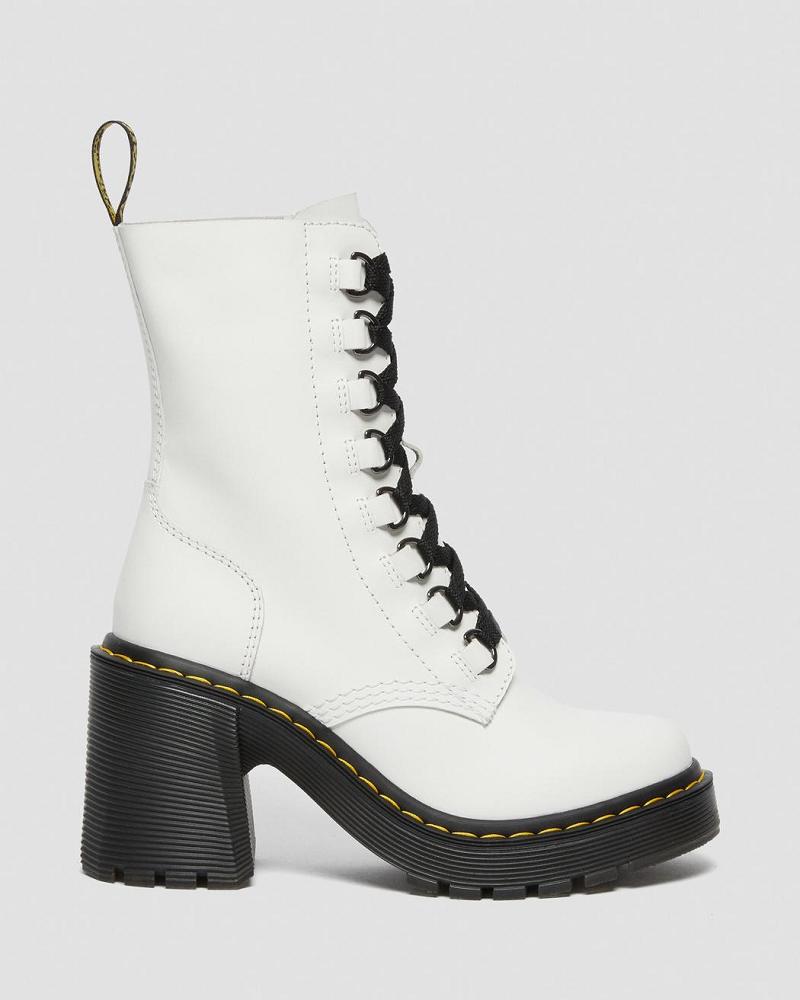 Dr Martens Chesney Lær Flared Heel Støvler Med Hæl Dame Hvite | Norge 633RVD